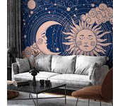 Papel pintado - armonía cósmica - ilustración del sol y la luna sobre un fondo azul marino 350x256
