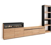 Muebles de salón para tv, 310x35x186cm, para tv hasta 65, chimenea eléctrica, roble y negro