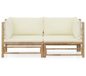 Muebles de jardín 2 piezas con cojines blanco crema bambú