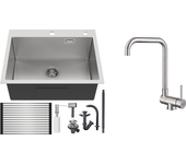 Auralum max fregadero de cocina 1 bandeja cepillado,58*45*18cm,escurridor enrollable,dispensador jabón+mezclador de cocina plegable giratorio 360°