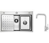 Fregadero de 1 lavabo, 70×45cm, fregadero de acero inoxidable plateado con escurridor, lavabo, dispensador de jabón + mezclador de cocina cepillado