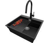 Primagran fregadero granito negro metallic 58x53cm, fregadero cocina 1 seno + sifón + accesorios, fregadero sobre encimera al mueble 60cm - oslo max