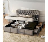 Cama con canapé 160 x 200 cm con cabecero y 3 cajones - decoración rivet - tejido de lino - gris (sin colchón)