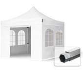 3x3 m carpa plegable, professional aluminio 40mm, ignífugo, 4 laterales con ventanas de arco, blanco