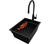 Primagran fregadero granito todo negro 36x47cm, fregadero cocina 1 seno + sifón + accesorios, fregadero sobre encimera al mueble 40cm - prague slim