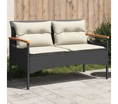 Banco de jardín con cojines 116x62,5x74 cm resina trenzada negro