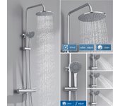 Auralum max columna douche termostático,ducha de mano 3 jets,9 pulgadas cabezal de ducha,conjunto de ducha altura ajustable entre 800-1100mm,cromado