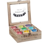 Relaxdays caja té, 9 compartimentos, madera, cajita con ventana, bolsas infusiones, cápsulas, 9 x 24 x 25 cm, natural
