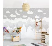 Papel pintado fotomural cielo estrellado con casas luna gris 174 - habitación infantil niño niña bebé - tnt 336 x 225 cm premium