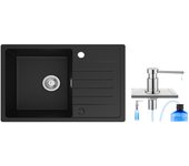 Fregadero de 1 seno en cuarzo y resina - fregadero encastrable negro con escurridor 78x45cm + dispensador de jabón de cocina cromado 300ml