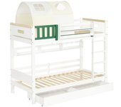Cama litera tipo casa para niños con tienda, protección contra caídas y escalera de 4 peldaños