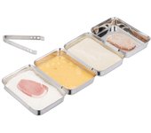 Relaxdays set para empanar, cuatro bandejas de rebozar, pinzas de cocina, apilables, apto para lavavajillas, plateado