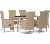 Conjunto de comedor de jardín con cojines 7 piezas polirratán beige