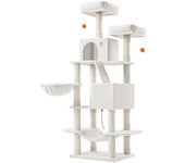 Rascador de gatos multinivel de 168 cm, torre con 13 postes, 2 plataformas, cuevas, cesta, hamaca y pompón, árbol para gatos grandes, blanco