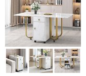 Mesa de comedor plegable para 4 a 8 cubiertos con ruedas - 2 puertas + 2 cajones - mdf y metal - oro + blanco