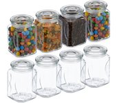 Relaxdays botes cristal con tapa, set de 8, vidrio, 750 ml, recipientes cuadrados, tarros herméticos, transparente