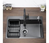 Fregadero cocina 1 bandeja 68*45*19cm inox demasiado lleno fregadero empotrable, con distrubador jabón y escurridor cesta negro
