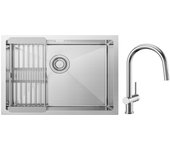Fregadero de cocina cepillado de 1 sena con cesto de escurridor 60×44cm + grifo de cocina monomando con ducha extraíble con 2 tipos de ducha cepillada