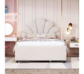 Cama individual tapizada en terciopelo con 2 cajones - 90x200cm - cabecero en forma de flor - con somier - beige