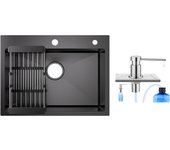 Fregadero de cocina 1 seno 60×45×18cm fregadero de acero inoxidable 201 negro con cesta de drenaje + dispensador de jabón de cocina cromado 300ml