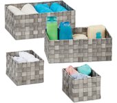 Relaxdays cestos de almacenaje set de 4, tejidos, cestas baño, rectangulares, 3 tamaños, plástico, color gris