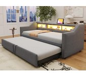 Sofá cama extraíble 90/180x190cm de lino - con led y usb - con somier - gris