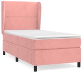 Cama con somier tapizado y colchón de terciopelo rosa 90x190 cm