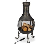 Relaxdays chimenea jardín, atizador, rejilla, protección antichispas, terraza, patio, estufa antigua, 89cm alto, dorado