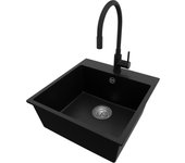 Primagran fregadero granito negro 48x50cm, fregadero cocina 1 seno + grifo 40x13cm + sifón, fregadero sobre encimera al mueble 50cm - riga