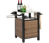 Mesa de bar para exterior con una puerta, carrito de bar de mimbre con gabinete, carrito de servicio para patio con tablero de acero inoxidable.