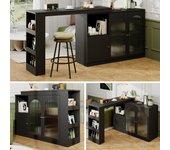 Mueble bar giratorio - 3 puertas y estantes de almacenamiento - madera mdf y vidrio - para comedor o sala - negro