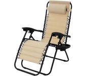 Tumbona plegable beige silla de playa o piscina con reposacabezas y portavasos