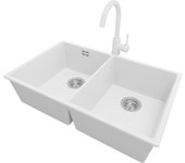 Primagran fregadero bajo encimera blanco 76x47cm, fregadero granito 2 senos + grifo 32x20cm + sifón, fregadero cocina al mueble 80cm - london twin