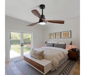 Ventilador de techo moderno de 48 pulgadas con luz led de 18w, aspas de madera maciza, motor dc reversible de 6 velocidades, mando a distancia