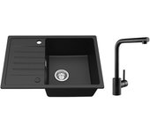 Fregadero encastrable negro de 1 seno con escurridor, cuarzo y resina, 65x45 cm + mezclador de lavabo negro giratorio 360°