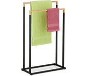 Relaxdays toallero de pie con 2 barras en escalera, portatoallas de ducha o mano, hierro, 76x45x21,5cm, negro/natural