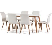 Conjunto de comedor estilo escandinavo con mesa rectangular extensible y 6 sillas blancas en piel sintética