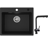 Cecipa max fregadero de cuarzo negro 50x45 cm fregadero de 1 seno fregadero de granito + grifo de cocina con ducha extraíble, mezclador de fregadero