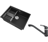 Auralum max fregadero cocina 1 bandeja 60*44*20cm,acero inoxidable,empotrado/subsuelo con cesta drenaje,negro+grifo cocina,orientable 360°