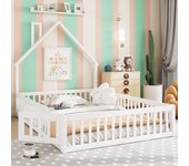 Cama infantil de 140 x 200 cm en madera de pino con barandillas protectoras y puerta, somier incluido, blanco