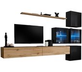 Juego de muebles de salón switch xix diseño, color roble wotan y negro brillante.