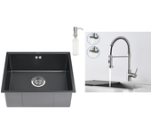 Fregadero negro 1 bandeja 50x43x18,5cm, acero inoxidable, con distributor de jabón + grifo de cocina inox extragible rotativo 360 °
