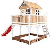 Axi casa de juegos liam con arenero y tobogán rojo | casa zancudo xxl en marron y blanco de madera fsc para niños | torre de juegos con tobogán de