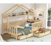 Cama-cabina de madera maciza - 90x200cm - con 2 cajones y estantes - natural