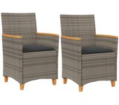 2 piezas sillas de jardín | silla de exterior | sillon jardín y cojines ratán pe gris y madera maciza cfw600564