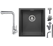 Cecipa max fregadero encastrable de inox 40*44cm - fregadero de 1 seno negro +grifo cocina monomando cepillado con ducha extraíble 2 chorros a elegir