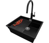 Primagran fregadero granito negro 56x47cm, fregadero cocina 1 seno + sifón + accesorios, fregadero sobre encimera al mueble 60cm - prague slim