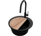 Primagran fregadero granito circular todo negro 50x50cm, fregadero cocina 1 seno + sifón + accesorios, fregadero sobre encimera al mueble 45cm - pisa