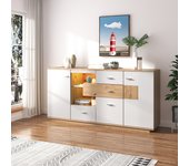 Aparador con almacenaje, iluminación led, 160x40x77cm, 2 puertas, 4 cajones, tapa de cristal, acabado madera, blanco