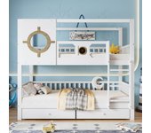 Literas 2 x 90 x 200 cm con 2 cajones, ventana y barandilla - pino + mdf - blanco (sin colchón)